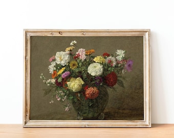 Vintage Floral Oil Painting - Garden Flower Bouquet Print, Antique French Paintings, 20th Century Wall Art, Colourful Flowers In Vase