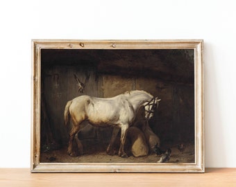 Vintage Horse Painting - Antique Print Of Grey Horse In Barn, Animal Oil Paintings, 19th Century Equestrian Art, Rustic Farmhouse Decor