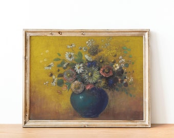 Vintage Flower Bouquet Painting - Antique Still Life Pastel Painting Print, Colourful Flowers In Vase, 20th Century Floral French Art