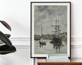 Vintage Seascape Print - Antique Moody Oil Painting Of Boats, French Ship Painting, High Tide Port, 19th Century Coastal Art Print