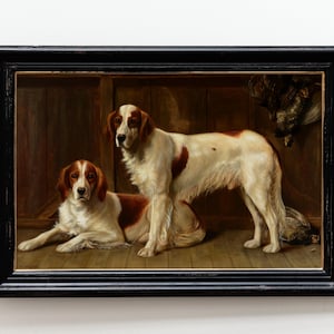 Vintage Dog Print - Antique Oil Painting Of Hunting Dogs In Barn, 19th Century Farmhouse Decor, Dog Lover Gifts, American Vintage Animal Art