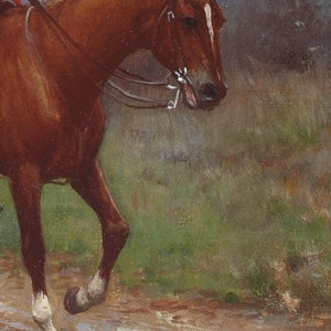 May include: An oil painting depicts a hunting scene with a brown horse, a white and brown dog, and a rider in a red coat. The horse is in motion, and the dog is looking to the left. The background features green foliage and a dirt path.
