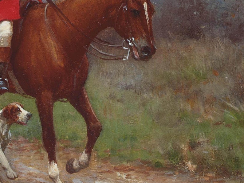 May include: An oil painting depicts a hunting scene with a brown horse, a white and brown dog, and a rider in a red coat. The horse is in motion, and the dog is looking to the left. The background features green foliage and a dirt path.