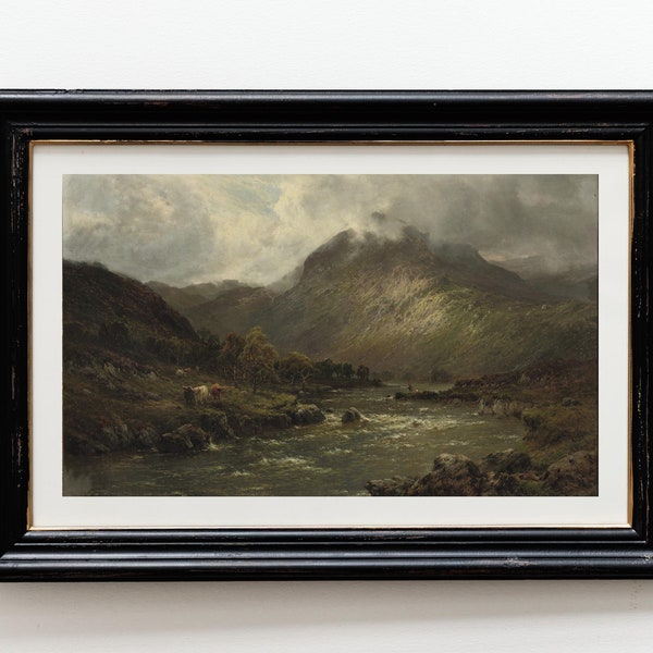 Antique Scottish Highlands Print - Vintage Oil Painting Of Scotland, Cloudy Mountain Landscape, 19th Century Scenic Travel Art