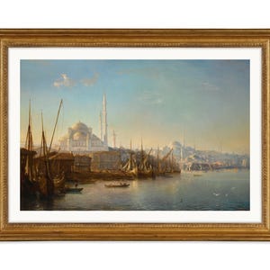 Vintage Ottomaanse skyline - antieke afdruk van de Gouden Hoorn van Istanbul, Bosporus-schilderij, Constantinopel River Valley, decor islamitische muurkunst