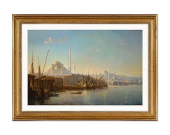 Vintage ottomanskt Istanbul-tryck: Gyllene hornmålning, islamisk konstväggdekor, antik Konstantinopel-havslandskap