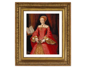 May include: A portrait painting of a woman in a red dress with gold embroidery. She is wearing a pearl necklace and a jeweled cross. The woman is holding a book in her hands.