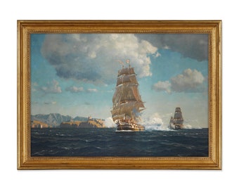 ヴィンテージ船の戦闘画：キャンバスに描かれたオリジナル油彩画（42 x