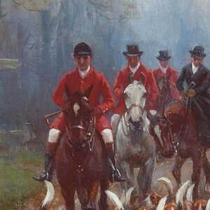May include: An oil painting depicts a fox hunt scene. Riders in red coats and black riding hats on horseback are followed by hounds. The painting has a muted color palette with a focus on the riders and their horses.