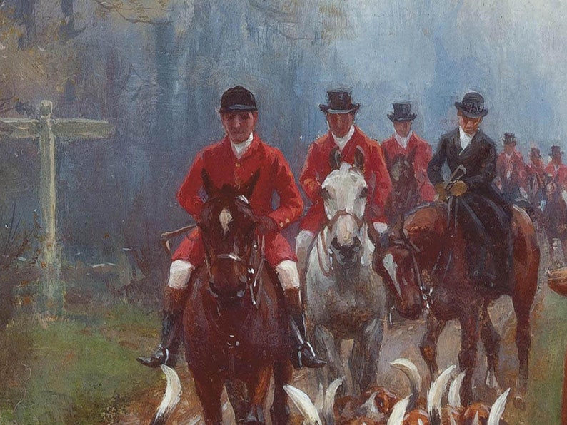 May include: An oil painting depicts a fox hunt scene. Riders in red coats and black riding hats on horseback are followed by hounds. The painting has a muted color palette with a focus on the riders and their horses.