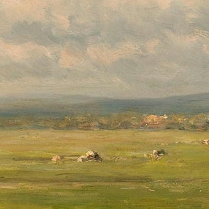 Antique art showcasing a rural landscape with cattle and a vast sky