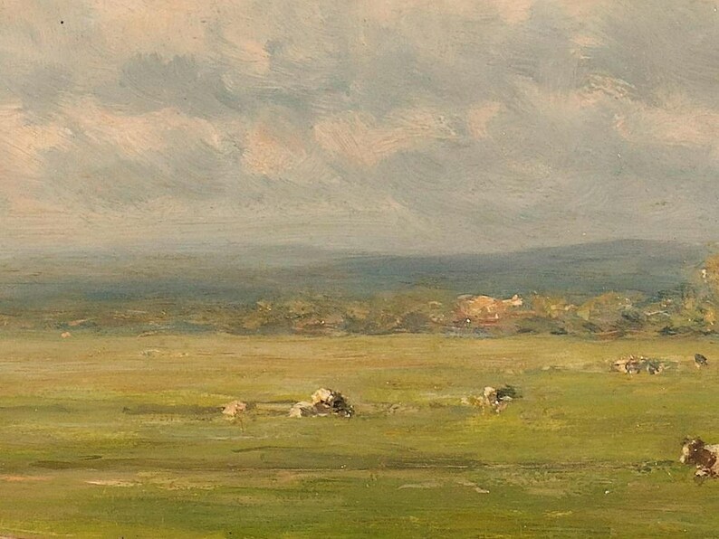 Antique art showcasing a rural landscape with cattle and a vast sky