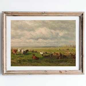19th century artwork depicting a tranquil field with cattle