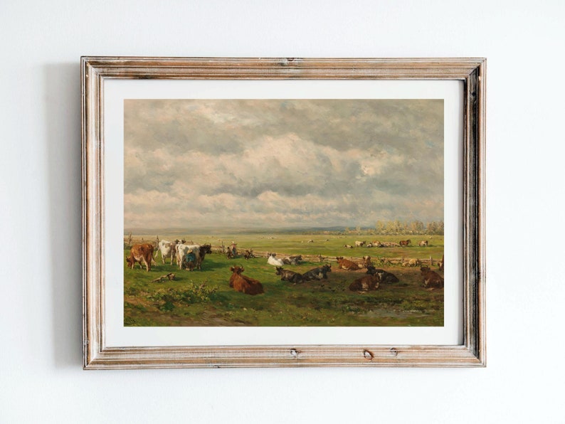 19th century artwork depicting a tranquil field with cattle