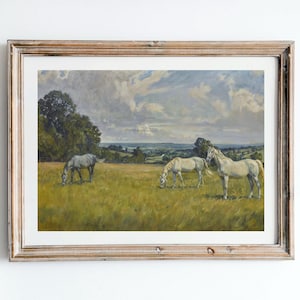 Antique Equine Art Print - Vintage Equestrian Landscape with Three Grazing Horses in Field, 20th Century British Decor, Countryside Wall Art