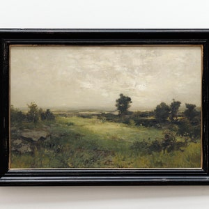 Vintage Feldlandschaftsdruck - Antikes Landschaftsgemälde, rustikale Naturkunst, amerikanisches Landölgemälde, Dekor des 19.Jahrhunderts