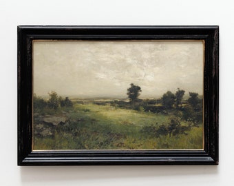 Vintage Countryside Landscape Print: American Rustic Field Oil Painting, Antique Country Wall Art