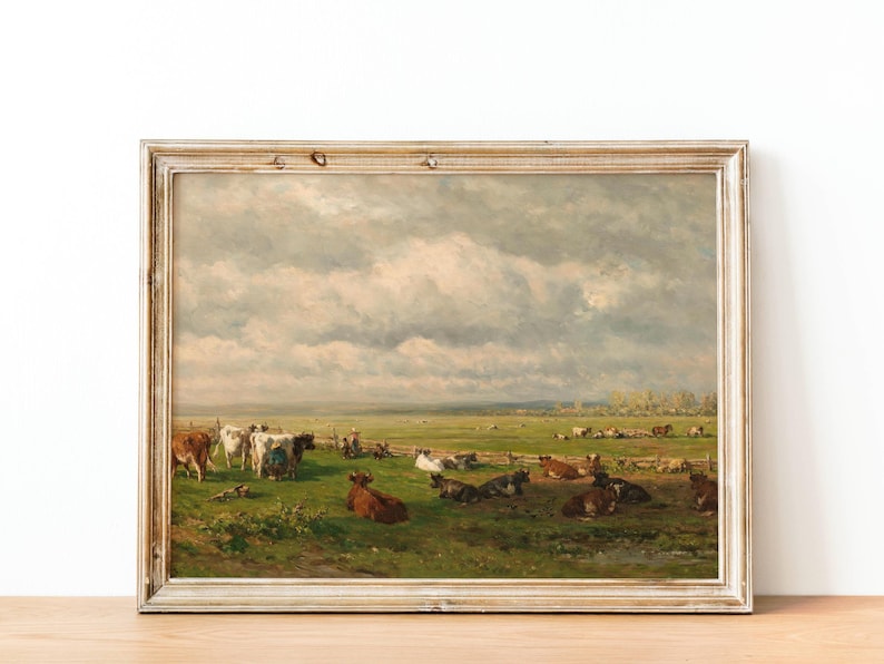 Pastoral scene featuring cows in a lush green field under a cloudy sky