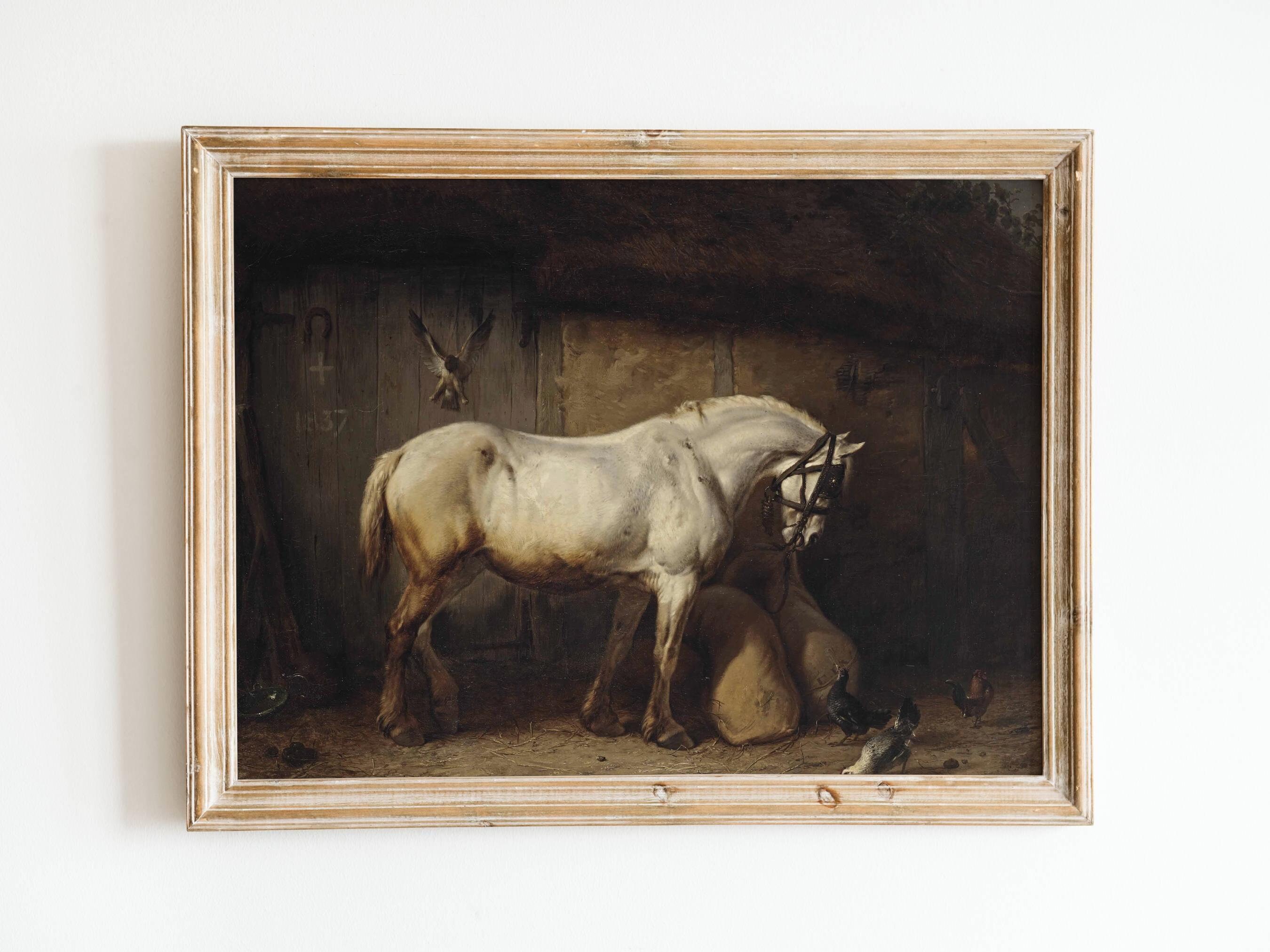 Vintage Horse Painting Antique Print of Grey Horse in Barn Etsy