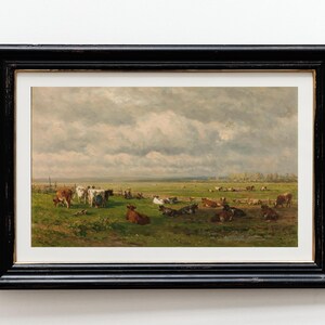Detailed depiction of a pastoral scene with cattle in a green pasture