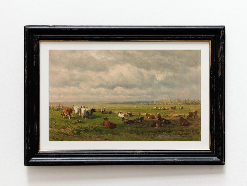 Detailed depiction of a pastoral scene with cattle in a green pasture