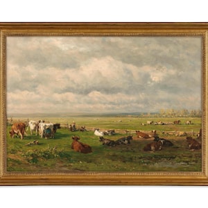 Vintage Pastoral Art Print - Meadow Countryside Landscape, Cattle In A Field, 19th Century Oil Painting, Antique Nature Scene, Cloudy Skies
