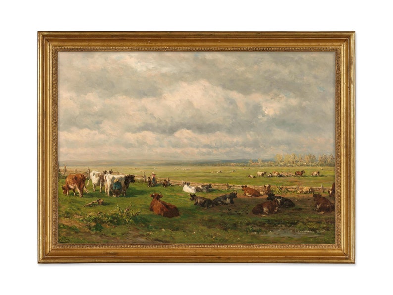 Vintage painting of a peaceful meadow with grazing cows