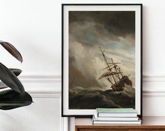 Vintage Oil Painting Of A Ship On The High Seas - Antique Coastal Art Print, 17th Century Dutch Seascape Painting, Moody Nautical Wall Art