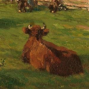 Painting of a serene meadow landscape with cattle grazing and resting