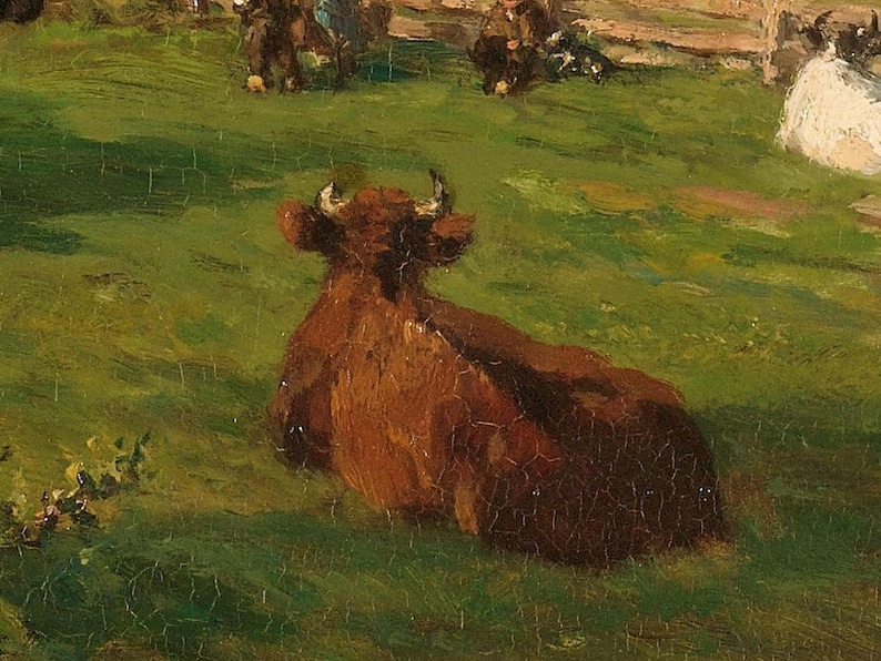 Painting of a serene meadow landscape with cattle grazing and resting