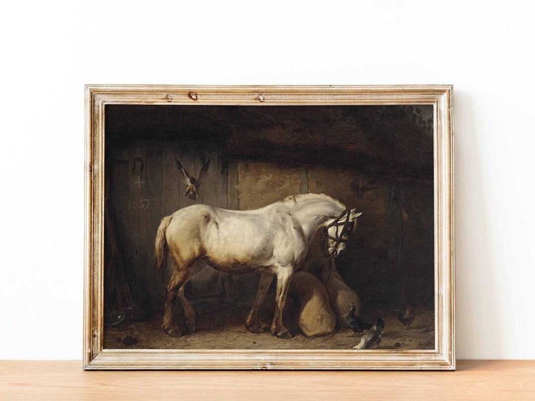 Vintage Horse Painting - Antique Print of Grey Horse in Barn, Animal ...