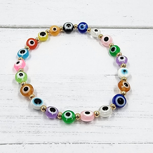 Rainbow Evil Eye Multicolored Bracelet/Stretch/Gold Beads/Protection Bracelet/Handmade/Gift for him or her