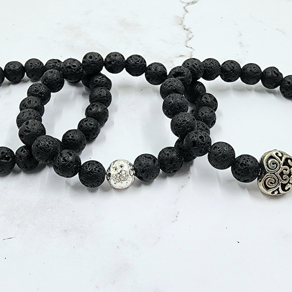 Lava Stone Bracelets/Great for Strength and Courage/beaded bracelet/Heart Charm/Silver Lava stone Bead/Gift/Handmade jewelry