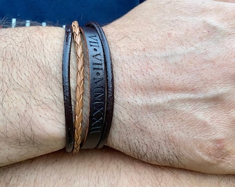 Custom Dad Bracelet, Roman Numeral Engraving Leather Bracelet, Personal Message, Memory Memorial, Best-man Gift, Boyfriend Birthday Gift