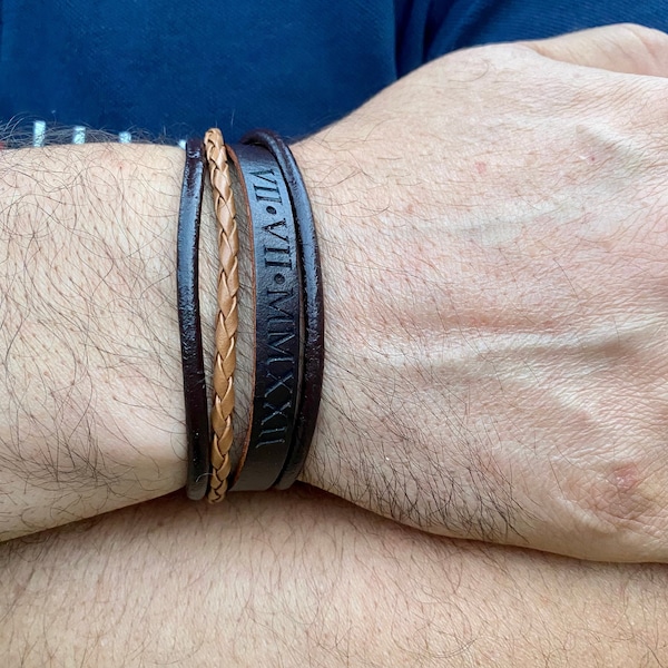 Custom Dad Bracelet, Roman Numeral Engraving Leather Bracelet, Personal Message, Memory Memorial, Best-man Gift, Boyfriend Birthday Gift