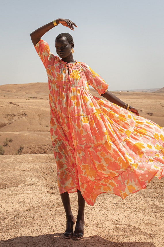 Orange Pink Floral Maxi Dress - Clenzing Ecovero - Etsy