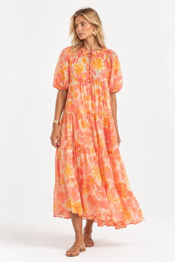 Orange Pink Floral Maxi Dress - Lenzing Ecovero