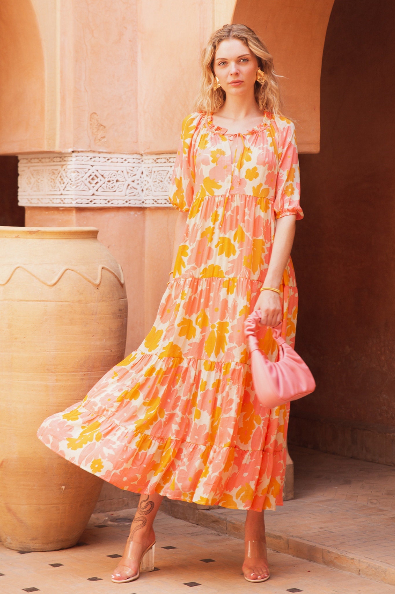 Orange Pink Floral Maxi Dress - Clenzing Ecovero - Etsy