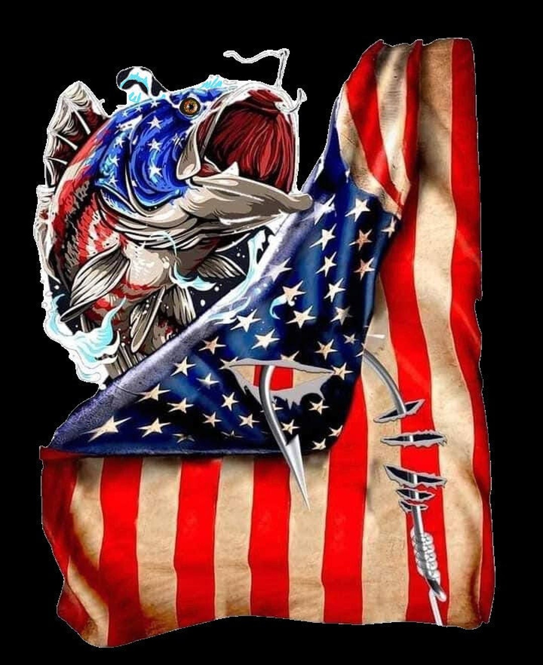 American Flag With Bass Fish Fishing Ready to Press Bass Fish American