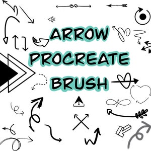 Op de afbeelding: Een set zwarte en witte pijl penseelstreken voor Procreate. De afbeelding bevat een verscheidenheid aan pijl stijlen, waaronder gebogen, rechte en gehoekte pijlen. De tekst "ARROW PROCREATE BRUSH" is ook opgenomen in de afbeelding.