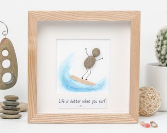 Personalized Surfer Pebble Picture Frame, Surfboard Wall Art, Gift For Surfer, Beach Pebble Art, Surf Decor, Ride the Wave Frame Gift