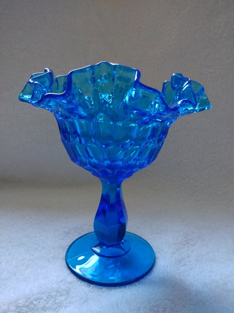 Vintage Fenton Ruffle Colonial Blue Thumbprint Compote Dish Etsy