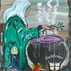 May include: An acrylic painting depicts a figure in a green robe stirring a purple potion in a black cauldron. A blue bottle with a lit candle sits to the left. The painting includes the text "Darkflower Books & Folk Art" and a butterfly.