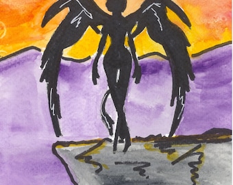 May include: Watercolor painting featuring a silhouette of a winged figure with horns, standing on a cliff. The text "TO FALL, IN TRUTH, IS TO BE BLESSED" is written above. The background has purple, orange, and yellow hues.