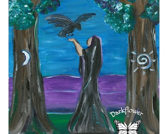 8" by 10" Art Print SACRED GROVE The Morrigan Triple Goddess Raven Crow