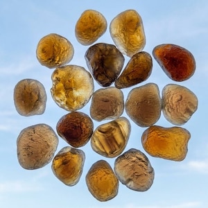 May include: A collection of eighteen translucent, amber-colored stones with irregular, rounded shapes. The stones exhibit varying shades of golden yellow, orange, and deep brown, with smooth, polished surfaces that catch the light.