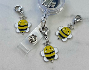 Silver Bee Badge Reel Charm, Honeybee Purse Zipper Pull, Bumble Bee Backpack Charm, Bee Lover Gift, Beekeeper Stitch Marker, Nurse Badge