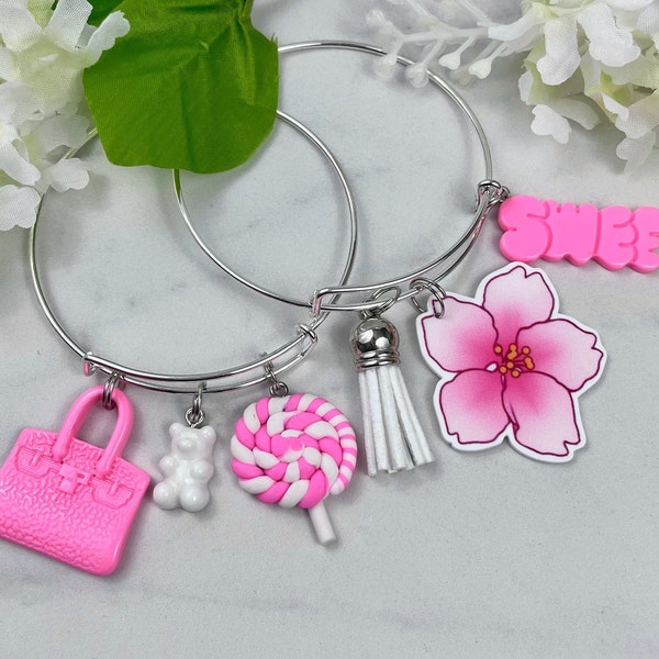 Silver Charm Bangle, Charm Bracelets, Flower Bangles, Girl Bracelets, Basic Bangles, Stackable Bangles, Bangle with Charms, Pink Bracelet