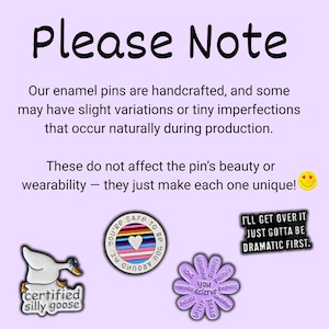 Puede incluir: Una variedad de pines de esmalte con varios dise&ntilde;os. Un pin presenta un ganso con el texto "certified silly goose". Otro dice "You're safe to be around me". Un tercer pin es una flor con palabras como "love" y "peace". La imagen tambi&eacute;n incluye el texto "Please Note."