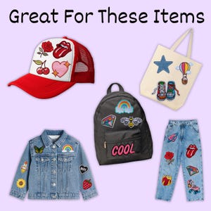 May include: An assortment of items including a red and white trucker hat, a black backpack, a denim jacket, a tote bag, and jeans, all decorated with colourful patches. The patches feature designs like a rose, lips, cherries, a heart, a rainbow, and the word "COOL".
